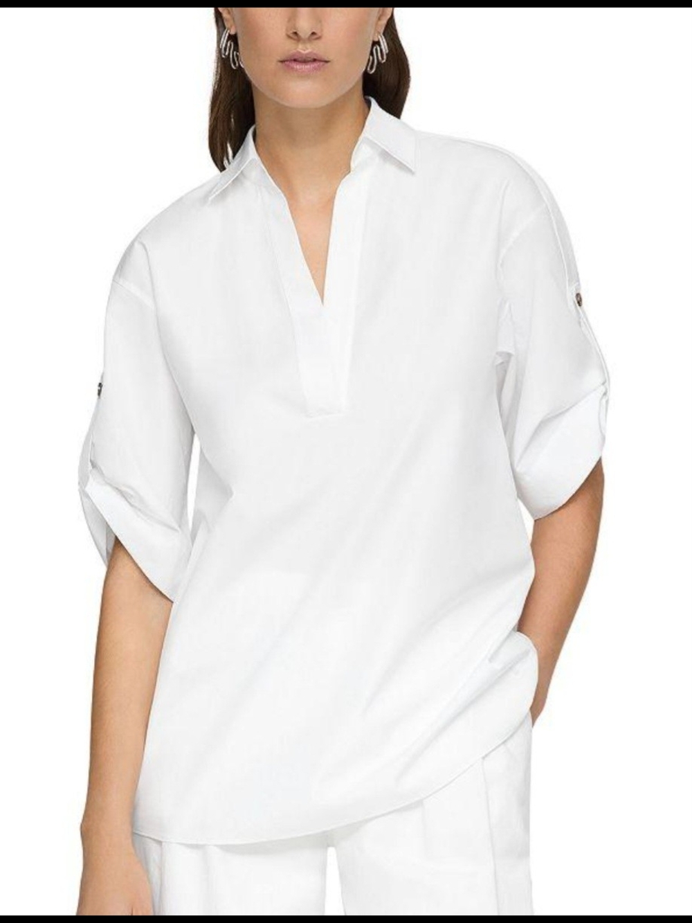 Lafayette 148 Tab Sleeve Popover Shirt In Classic White, Large, NWT